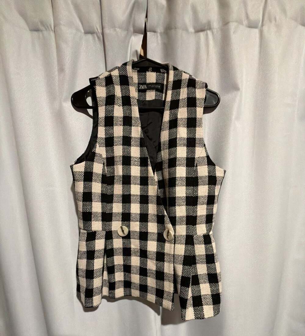 Zara Gingham Check Vest Size M Black White Tweed Waistcoat